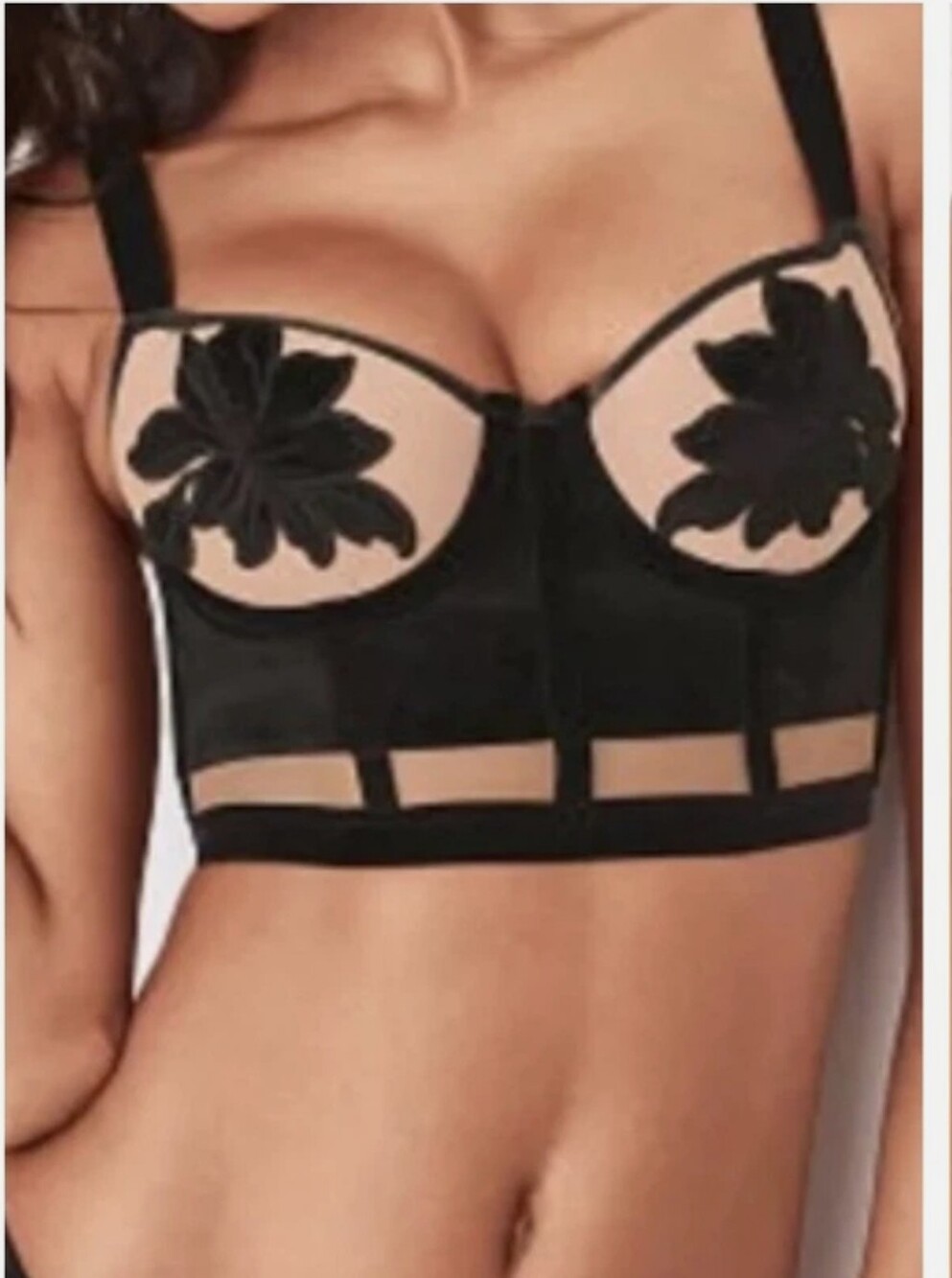 VICTORIA’S SECRET BLACK NUDE FLORAL APPLIQUÉ LONGLINE BUSTIER BRA 36D
